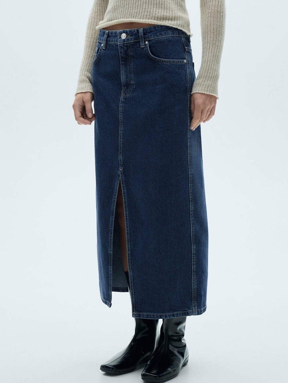 Mango MNG Denim Midi Maxi Skirt Front Slit Size Medium